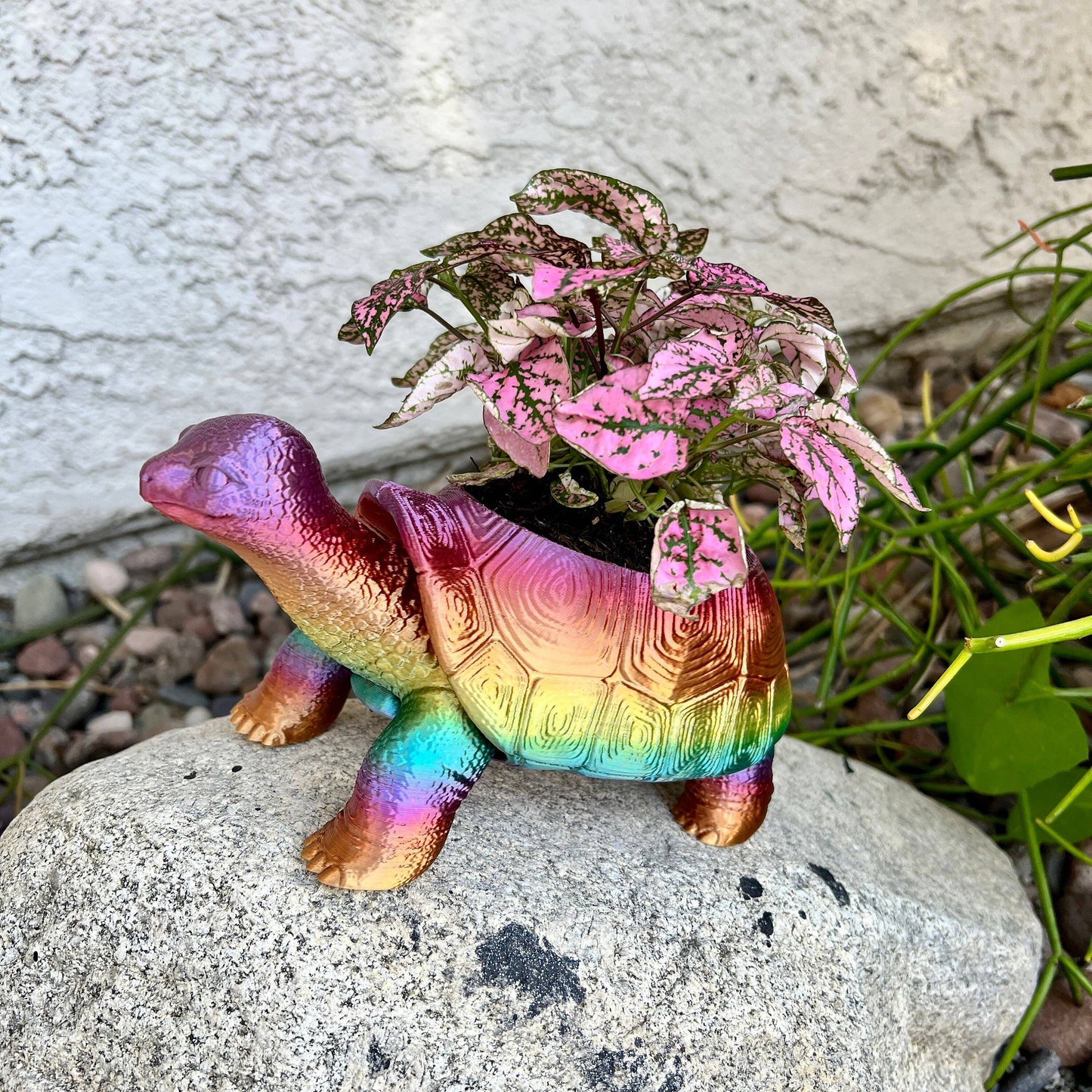 Turtle Planter 3D Printed Tortoise Realistic Garden Decor: Silk Shiny Rainbow / 3