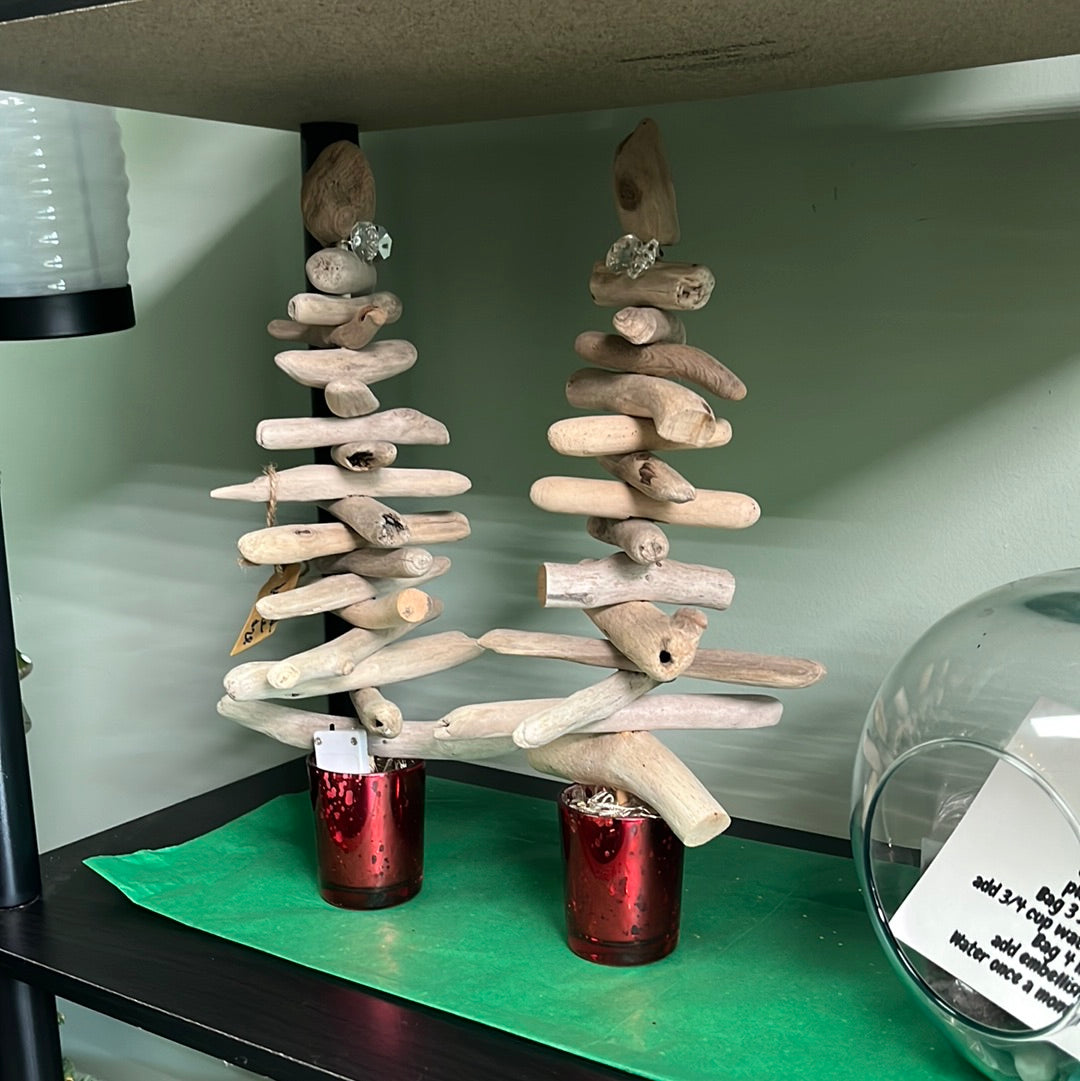 Driftwood Christmas trees with light up pot
