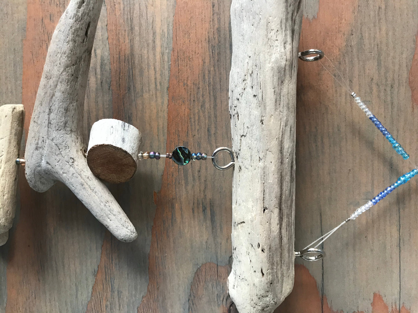 Driftwood Mobile W/ Turquoise, Orange & White Capiz Shell Beads