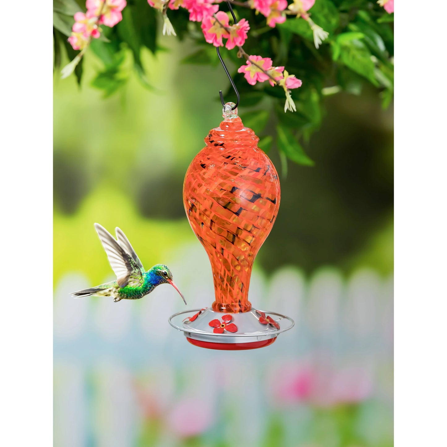 Red Speckled Art Glass Hummingbird Feeder with Bronze Gondol