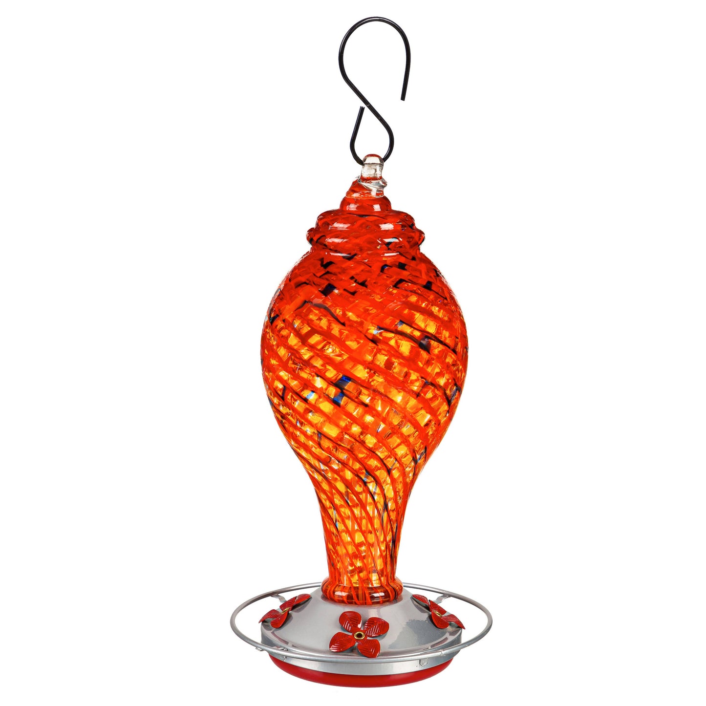 Red Speckled Art Glass Hummingbird Feeder with Bronze Gondol