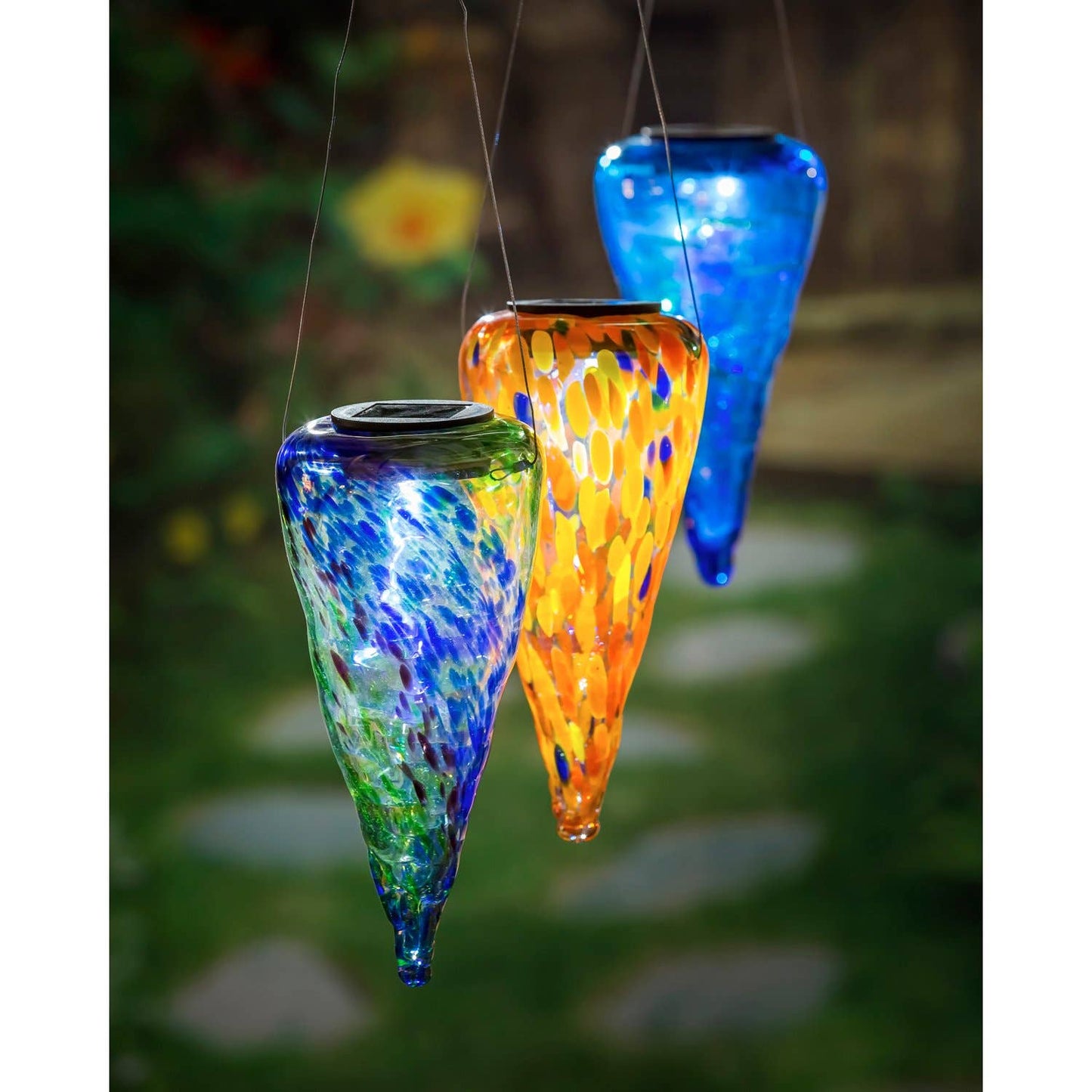 7" Solar Hanging Art Glass Conical Lantern.