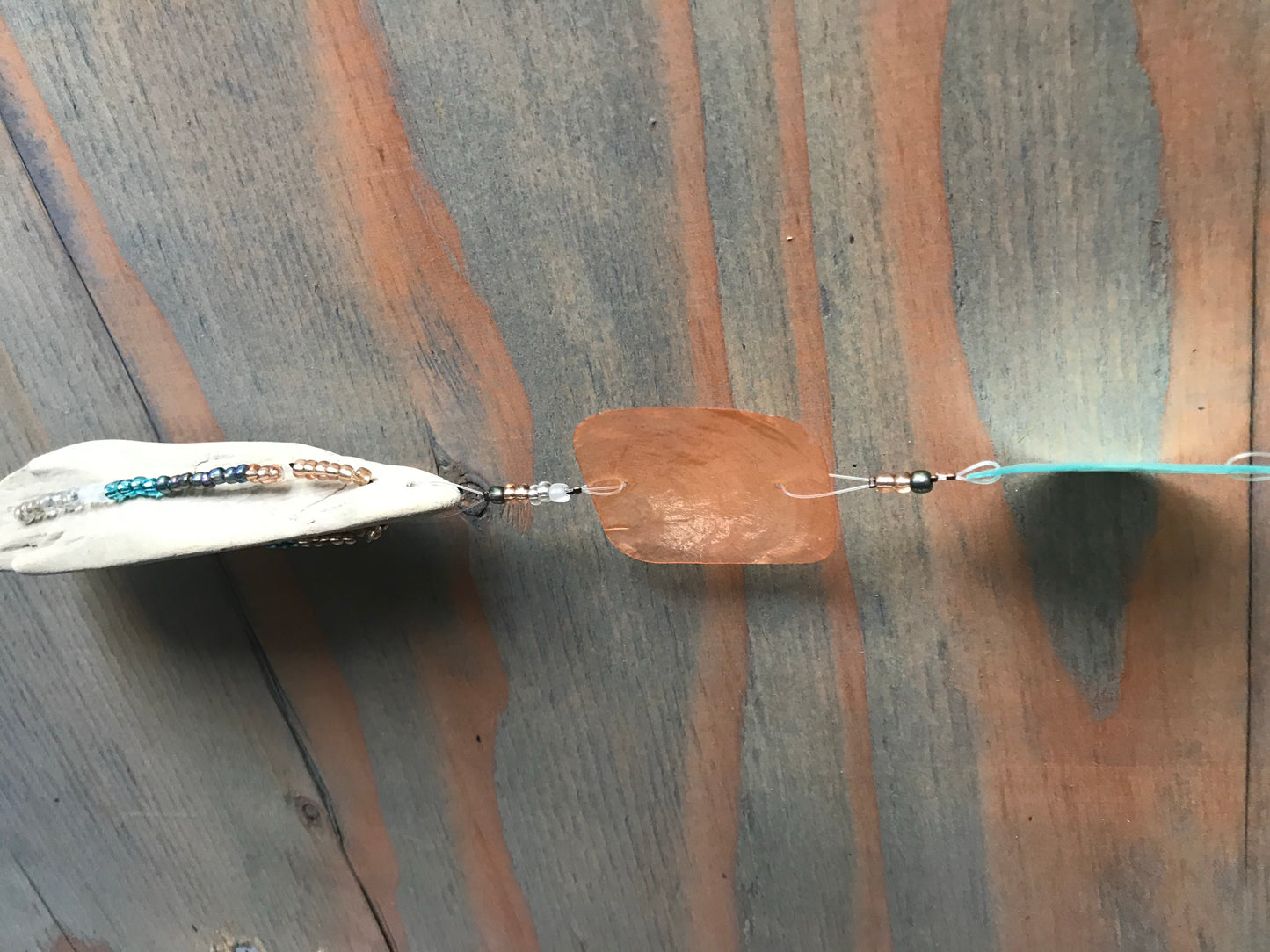 Driftwood Mobile W/ Turquoise, Orange & White Capiz Shell Beads