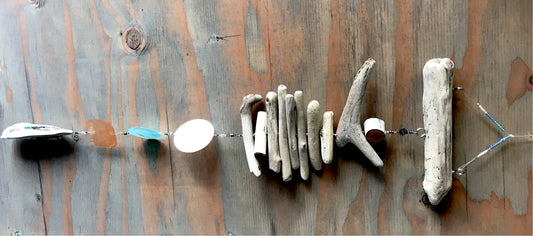 Driftwood Mobile W/ Turquoise, Orange & White Capiz Shell Beads